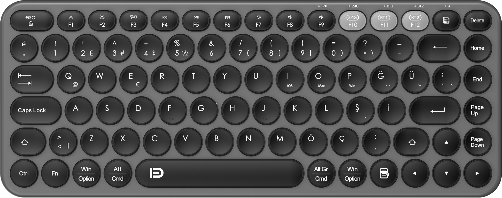 FD K921T Kompakt İnce 2.4 GHz + Bluetooth Çift Bağlantılı Kablosuz Klavye – Metalik Siyah