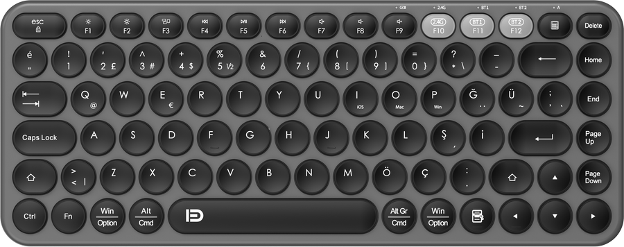 FD K921T Kompakt İnce 2.4 GHz + Bluetooth Çift Bağlantılı Kablosuz Klavye – Metalik Siyah