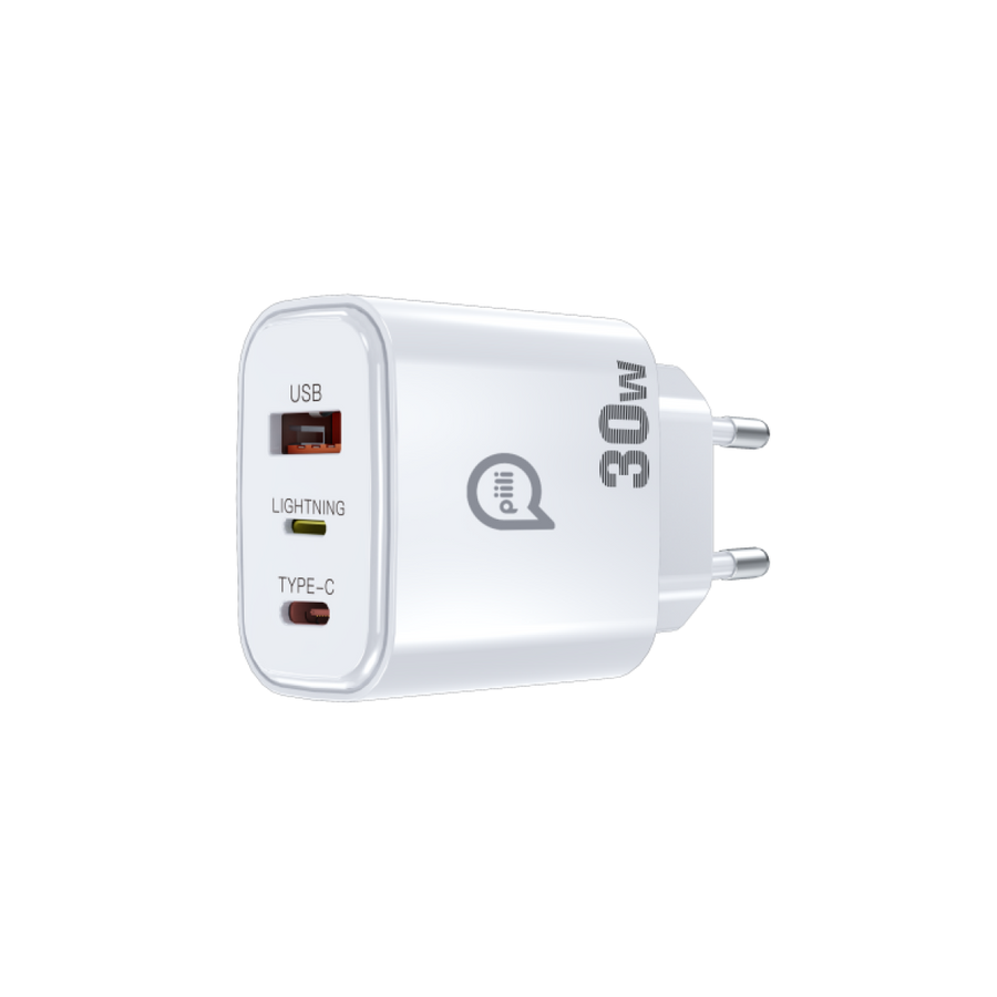 Piili 30W USB-A + Type-C + Lightning Hızlı Şarj Adaptörü (Tek Adaptörle Daha Fazla Cihaza Uyumlu)