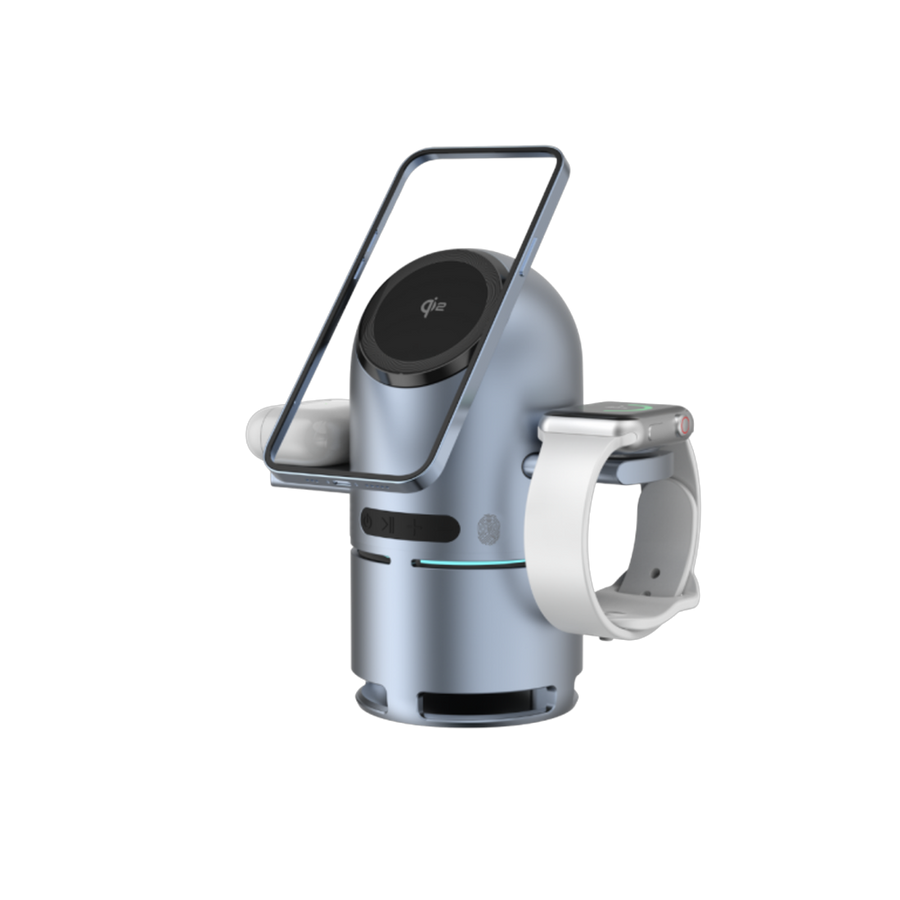 Piili Robotic P-WRL4 3'ü 1 Arada 15W MagSafe Kablosuz Şarj İstasyonu & Bluetooth Hoparlör – Otomatik Döner, Gri