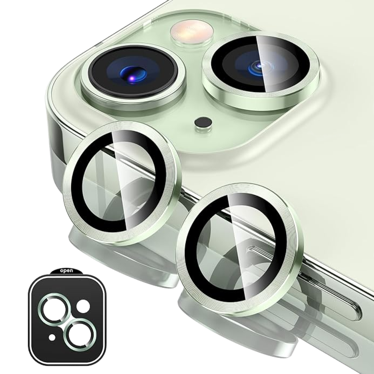 Piili iPhone 15 / 15 Plus HD Kamera Lens Koruyucu - Yeşil Çerçeveli