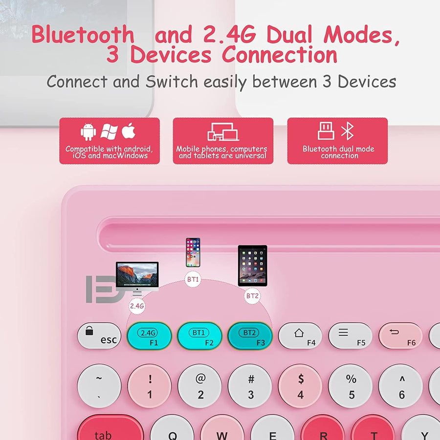 FD iK3381D Çoklu Cihaz Geçişli 2.4 GHz + Bluetooth Çift Bağlantılı Kablosuz Klavye – - Pembe